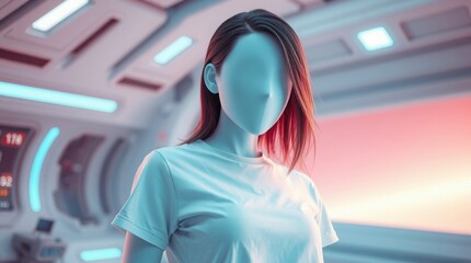 Futuristic sci-fi style, soft pastel colors depicting a white mockup t-shirt on a faceless female body, gentle and soothing, advanced technology, space elements