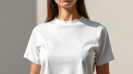 A white mockup t-shirt on a woman's body, face unseen. Strong, hard light casts direct, harsh shadows on the garment. Emphasis on the form and texture of the shirt