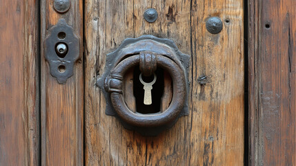Fototapeta premium Weathered door: Rustic close-up of a detailed weathered wooden door.