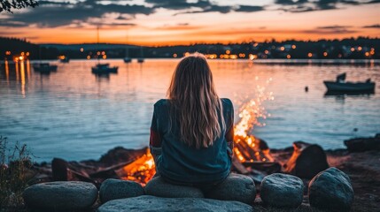 Fototapeta premium Woman Watching Sunset, Campfire, Lake, and City Lights