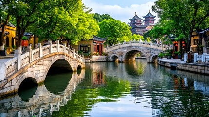 Obraz premium Serene Chinese Canal Bridge & Pagoda - Asian aesthetics