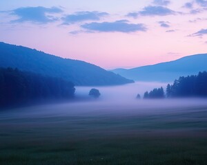 Fototapeta premium circulation fog mist Serene morning mist in tranquil valley landscape.