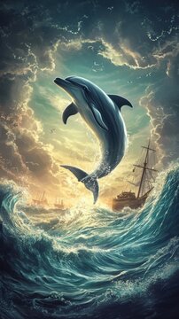 A Playful Dolphin Jumps High Above The Rough Ocean Waves