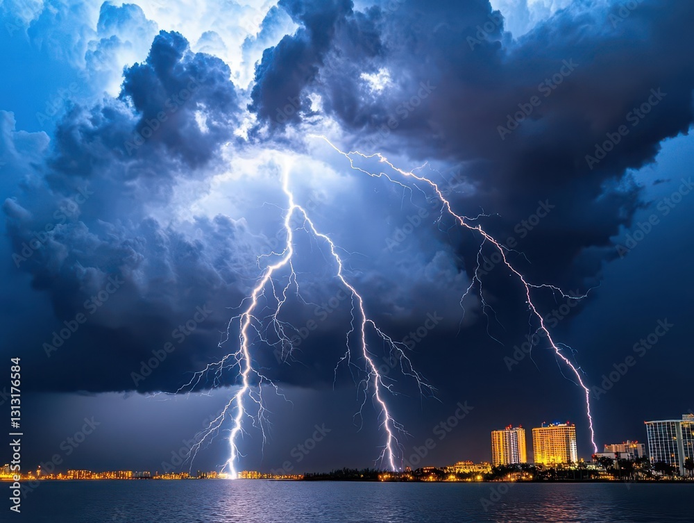 Aufkleber dramatic lightning striking over the ocean creating a striking and powerful scene of nature's fury a