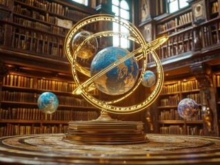 Astronomical Orrery: A celestial display of planets orbiting a central world, set against a backdrop of knowledge and discovery.