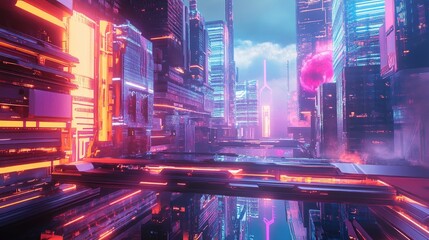 Fototapeta premium Futuristic Urban Landscape with Neon Lights and Bright Reflections in a High-Tech City Environment