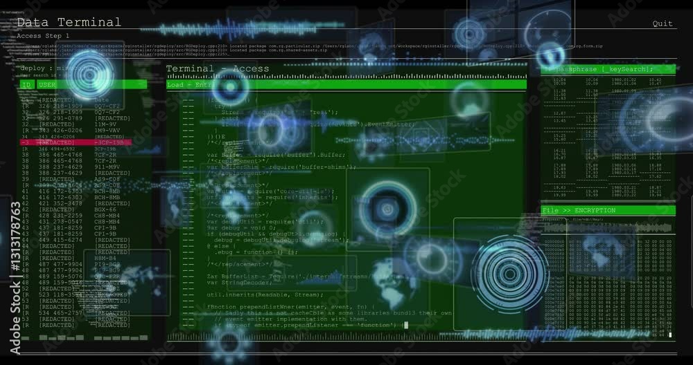 Poster digital data processing animation over green terminal screen with code and diagrams