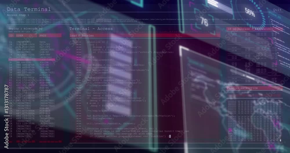 Poster digital code and data processing animation over futuristic computer screens