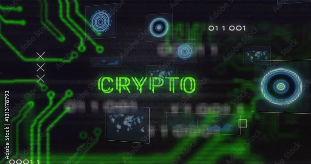 Poster animation of digital graphics with crypto text in green over circuit patterns