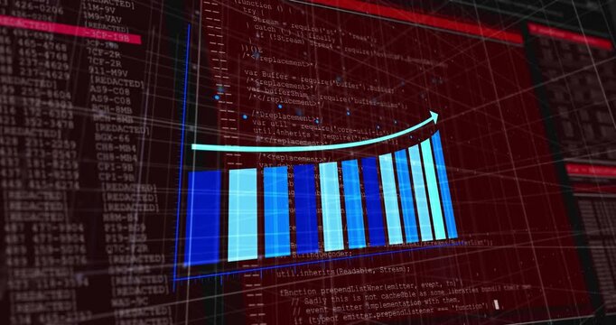 Animating rising bar graph over red digital code background in school presentation