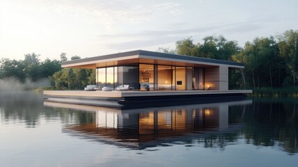Modern Floating House Surrounded by Tranquil Water and Lush Green Trees at Golden Hour