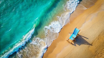 Fototapeta premium Aerial View of Relaxing Recliner Chair on Sunny Beach