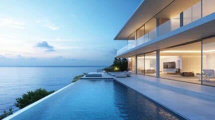 Fototapeta premium Luxurious Modern Villa with Infinity Pool Overlooking Serene Ocean at Dusk with Beautiful Sunset and Clear Sky