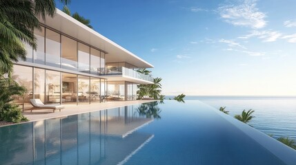 Fototapeta premium Modern luxury villa overlooking serene ocean with infinity pool and tropical landscape under clear blue skies