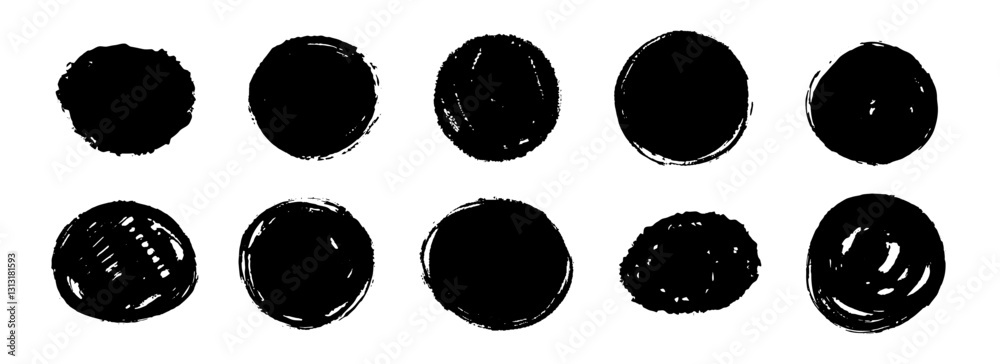 Poster round dried paint stains set. textured brush stroke radial element pack. black grunge ink circle col