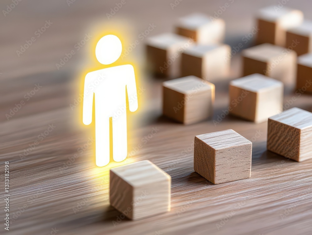 Poster a person surrounded by wooden blocks representing creativity, imagination, and the building of ideas