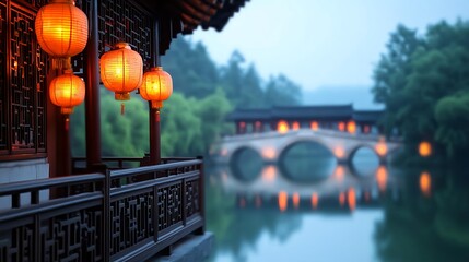 Serene Chinese Bridge & Lanterns at Dusk - Tranquility