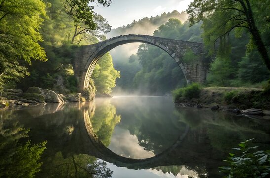 Stone arch bridge over the misty river, reflection view, green forest, natural landscape, tranquil scene, peaceful environment, outdoor nature, historic architecture.