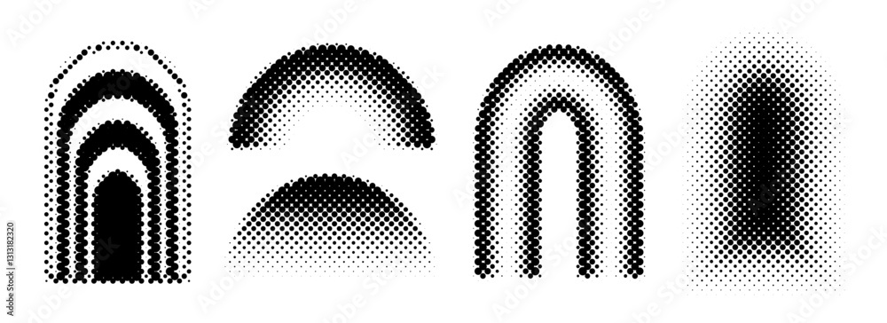Poster Black halftone arch set. Different pixelated gradient arc collection. Dotted pop art curve element bundle for collage, graphic design template, banner, poster. Vector comic bitmap 8 bit warp pack