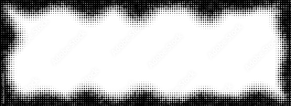 Poster halftone rectangle grain frame. black comic dotted wavy border. pop art fading gradient frame backdr
