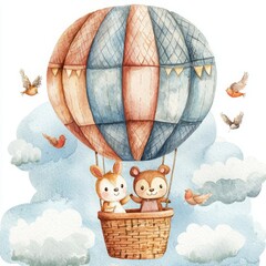 Whimsical Cartoon Animals in Hot Air Balloon Adventure