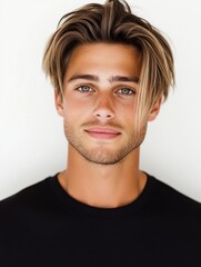Obraz premium Young caucasian man wearing a black top against a white background wall