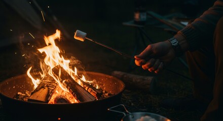 Fototapeta premium Roasting marshmallow over campfire at night. Outdoor adventure and camping experience. Cozy bonfire gathering with friends. Summer evening relaxation.