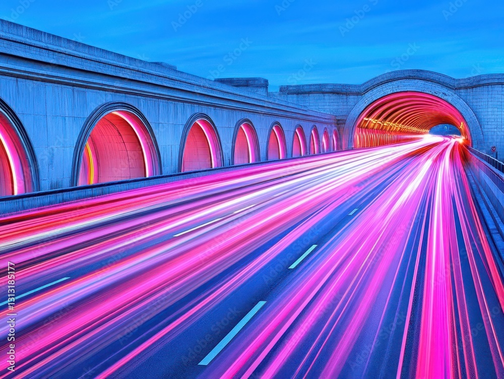 Leinwandbilder Futuristic tunnel with bright light trails creating a dynamic visual effect symbolizing speed and movement in technology