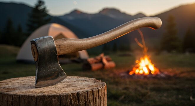 Axe on tree stump with campfire and mountains at sunset. Outdoor wilderness adventure, camping concept. Rustic survival tool for chopping wood in nature.