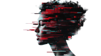Woman experiencing digital distortion glitch effect with transparent background
