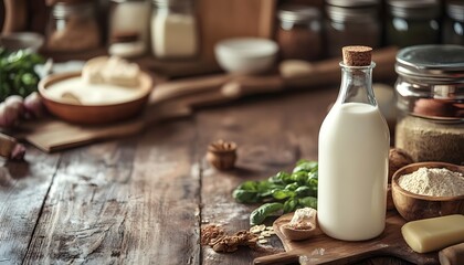 Rustic Kitchen Scene Featuring Milk and Baking Ingredients