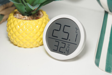 Temperature and humidity monitor placed next to decorative plant