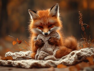 A cute fox cub curled up with a warm, woven blanket, embracing a cozy comfort object against an autumnal backdrop.