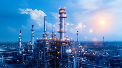 Obraz premium Large industrial refinery complex under a partly cloudy evening sky