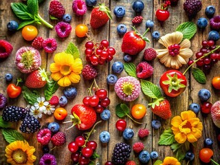 Artistic Nature-Inspired Food Photography: Edible Flowers & Berries on Rustic Wood