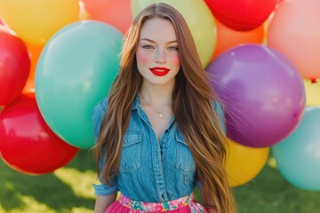 A beautiful girl with long brown hair and red lipstick is sitting on the grass, holding colorful balloons in her hand