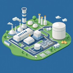 Minimalist isometric biogas facility design, showing essential structures like gas storage, processing units, and greenery, smooth shaded, blue background 