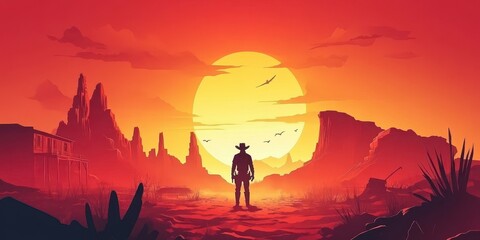 Naklejka premium A Cowboy Stands Facing Westward In A Beautiful Desert Sunset