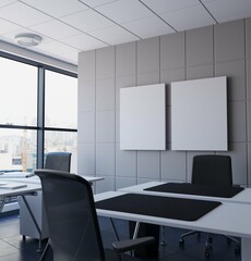 modern office room interior with poster mockup hanging on the wall. 3d illustration 