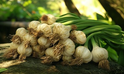 Fresh garlic bulbs with green stalks on a stone in a garden