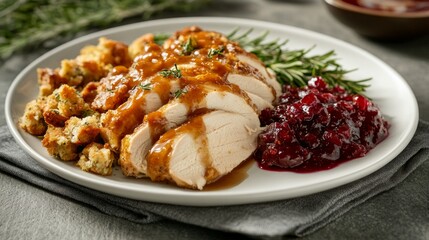 Delicious Thanksgiving Roast Turkey with Stuffing and Cranberry Sauce