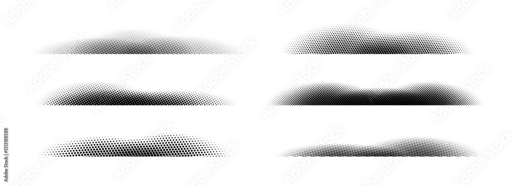Poster Halftone shadow set. Black dotted gradient stripe collection. Horizontal pixel grain line patterns. Half tone textured shade pack for divide and separate. Vector noise dots and particles elements