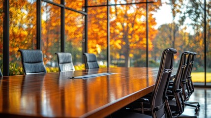 Empty boardroom with autumn view, ideal for business meetings