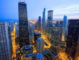 Fototapeta premium Breathtaking night view of chicago skyline illuminated by city lights offering a stunning urban landscape at dusk