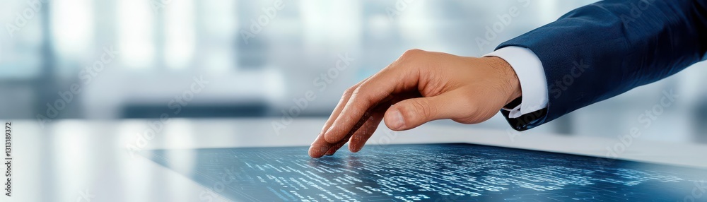 Poster Close-up of a hand pointing at a digital screen displaying information highlighting interaction with technology and data