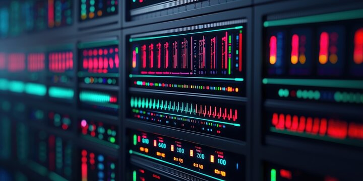 Healthcare Improvement Integration Concepts. Vibrant server room with illuminated data panels and monitors.