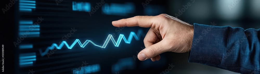 Aufkleber Hand pointing at a chart on a digital display indicating data analysis and business insights in a modern office setting