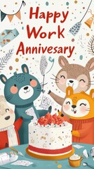 Fototapeta premium Cute animal characters are celebrating a happy work anniversary together