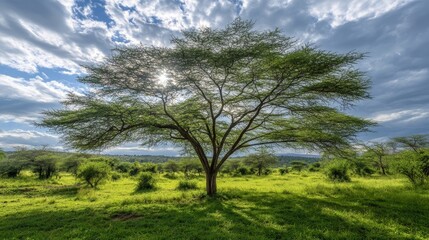 Obraz premium Majestic Tree in the African Savanna Under Dramatic Cloudy Sky