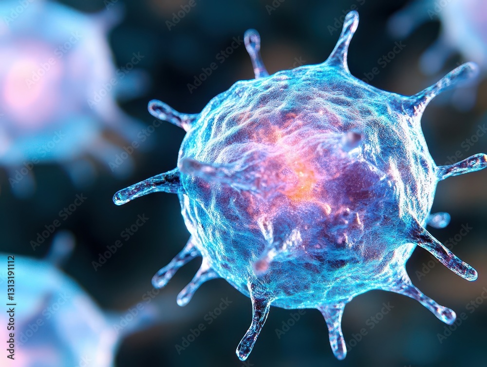 Poster Detailed visualization of a virus with complex structure and intricate surface proteins under a microscope viewpoint